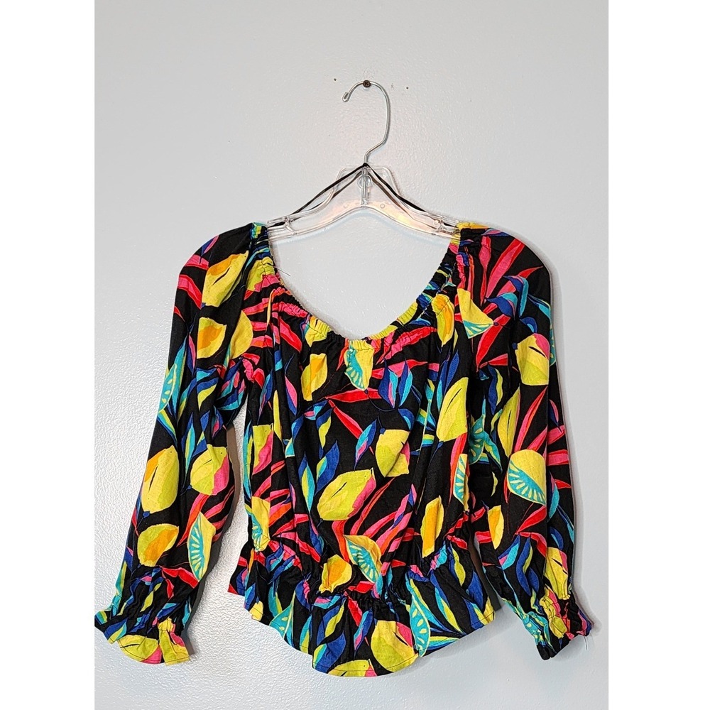 Tabitha Brown Target Blouse Womens XS Black Tropical Lemon Linen Blend NWT Boho